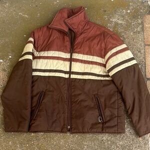 Vintage 80s Stylish Men's Brown and Cream Puffer Jacket